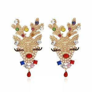 Christmas Female Elk Design Multicolor Rhinestone Statement Earrings NWOT
